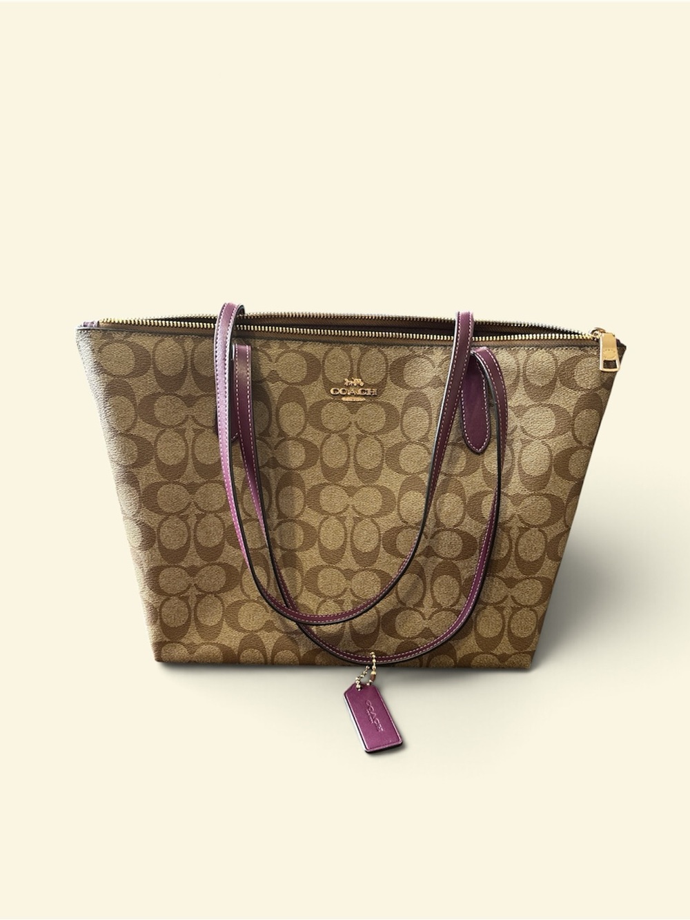 Coach Signature Brown Canvas Tote with Purple Leather Trim